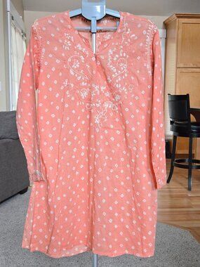 NWT Raj sz XL peachy orange / white embroidered cotton tunic / kurti / dress